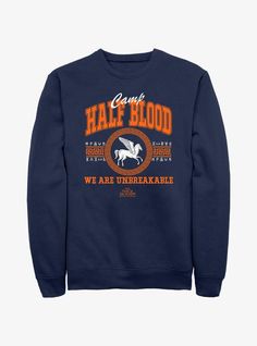 a sweatshirt with an image of a horse on the front and words that say half blood, we are unbreakable