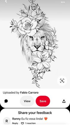 an iphone screen with a drawing of a lion and flowers on it