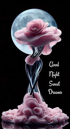 a pink rose on top of a glass vase with the moon in the background and words good night sweet dreams