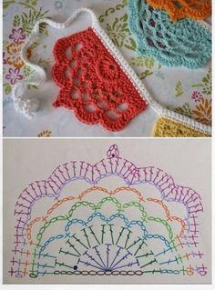 crocheted doily is shown in three different colors and sizes, including one with an intricate design