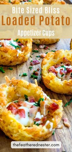 some food that is on top of a wooden cutting board with the words bite size bliss loaded potato appetizer cups