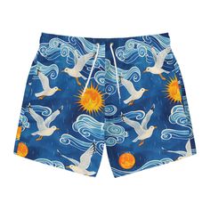 Nothing can swoosh down the summer heat like a dive into the sea - or into the nearest pool. These personalized swim trunks are here to take on your exclusive designs and most playful patterns. With an all-over-print capability accompanied by vivid colors, these swim trunks help you conquer the summer season in custom style.  .: Material: 100% polyester .: Mesh-lined side pockets .: Extra light fabric (3.54 oz/yd² (120 g/m .: Fast-dry fabric .: Mesh basket lining  .: Printed care label inside .: Playful Blue Swimwear For Water Sports, Blue Graphic Print Swimwear For Poolside, Playful Bottoms For Summer Surfing, Blue Graphic Print Beachwear Swimwear, Blue Graphic Print Swimwear, Playful Summer Surfing Bottoms, Playful Printed Swimming Bottoms, Printed Swim Trunks For Poolside Vacation, Playful Printed Swim Trunks For Summer