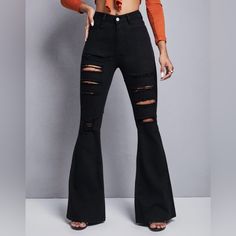 Black Ripped Frayed Flare Leg Jeans. Brand New. Size Large (8-10) Black Ripped Bell Bottom Jeans, Bell Bottoms Aesthetic, Ripped Jeans Aesthetic, Black Bell Bottom Jeans, Shein Jeans, Cute Christmas Outfits, Flair Jeans, Goth Clothing, Black Ripped Jeans