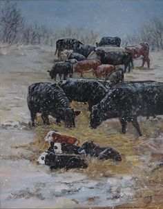 a painting of cows grazing in the snow