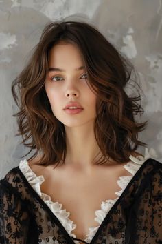 Woman with tousled brown hair, subtle makeup, and wearing a black lace top with white ruffles. Mid Length Wavy Hairstyles, Brunette Summer Hair Color, Summer Brunette Hair, Brunette Summer Hair, Straight Brunette Hair, Brunette Hair Color Ideas, Brunette Style, Summer Brunette, Cool Hair Ideas