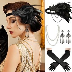 Look After Me:Washable; Gender:Women's; What's in the box:Gloves,Headwear,Earring,Neckwear; Types:Flapper Headband,Accessories Set; Holiday:Carnival,Masquerade; Style:Retro Vintage,Roaring 20s,1920s; Occasion:Party / Evening; Material:Polyester; Age Group:Adults'; Characters:The Great Gatsby; Design:Tassel Fringe,Feather; Listing Date:07/05/2023 1920s Butler Costume, Flapper Accessories 20s Style, 1920s Flapper Headpiece, Harlem Nights Outfits, Gatsby Design, Great Gatsby Accessories, 1920s Vintage Dresses, Gatsby Party Outfit, Gatsby Accessories