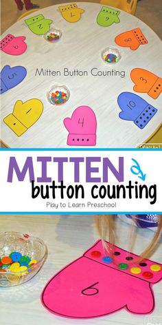 a wooden table with buttons on it and the words, mitten for button counting