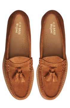 Always look polished in this smooth suede loafer detailed with chunky tassels and perforations on the footbed for added comfort. Leather upper, lining and sole Imported Casual Suede Tassel Loafers With Brogue Detailing, Loafers With Shorts, Fashion Thoughts, Penny Loafers Men, Mens Loafers, Look Polished, Suede Tassel, Tassel Loafers, Pinterest Closet