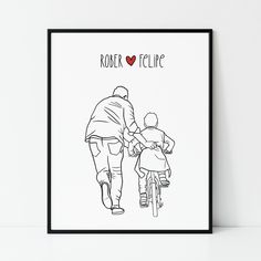 a black and white drawing of a man riding a bike with a child