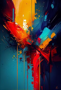 an abstract painting with red, yellow and blue colors