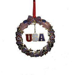 a wreath ornament with the word usa hanging from it