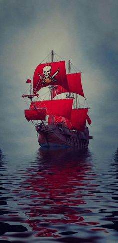 a pirate ship floating on top of the ocean with red sails and a skull painted on it's side