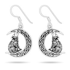 Made from high quality Sterling Silver (925). The crescent measures approx. 11/16" (17mm) in diameter. Fenrir/Crescent Moon theme. Hallmarked 925. Delivered in a free gift box. Silver Crescent Symbolic Earrings, Symbolic Silver Crescent Earrings, Silver Symbolic Crescent Earrings, Symbolic Moon-shaped Sterling Silver Earrings, Symbolic Moon Shaped Sterling Silver Earrings, Symbolic Silver Moon Charm Earrings, Silver Symbolic Moon Charm Earrings, Symbolic Silver Earrings With Moon Charm, Symbolic Silver Moon Phase Earrings