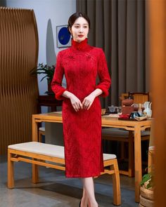 Long Sleeved Shawl Chinese Dress Cheongsam - Weqipao Fitted Dress With Stand Collar For Festive Events, Festive Fitted Ao Dai With Stand Collar, Festive Long Fitted Cheongsam, Traditional Winter Party Dresses, Formal Fitted Stand Collar Cheongsam, Long Dresses For Tea Ceremony, Long Cheongsam For Tea Ceremony, Elegant Long Sleeve Cheongsam For Tea Ceremony, Traditional Fitted Dress With Stand Collar