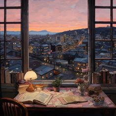 a painting of a table with books and a lamp on it in front of a window