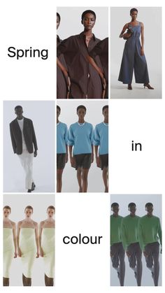 four different types of clothing with the words spring in color above them and below it