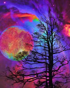 an image of a tree in front of a colorful sky with the moon and stars