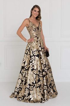 Elizabeth K - GL1511 Sequined Plunging V-Neck Evening Gown – Couture Candy Black And Gold Formal Dress, Gold Formal Dress, A Line Long Dress, Gold And Black Dress, Gold Gown, Prom Long, Prom Ball Gown, Evening Gown Dresses, فستان سهرة