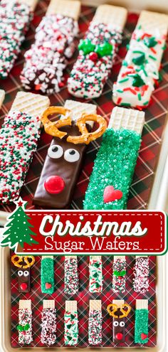 Chocolate covered sugar wafer cookies decorated into holiday ideas, including the Grinch and reindeer cookies. Sugar Wafers, Peppermint Bark Cookies, Cookies Peppermint, Christmas Desserts Kids, Christmas Cookies Kids, Grinch Cookies, Christmas Cookie Party, Reindeer Cookies