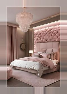 a bedroom with a large bed, chandelier and pink curtains on the windowsill