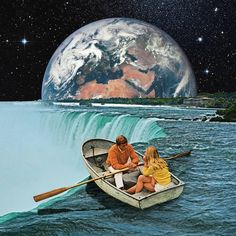 two people in a row boat on the water with an earth view and stars above