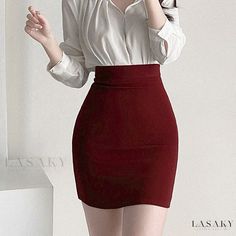 Lasaky - Stylish White Half-Skirt with High Waist and Red Pocket Accents Office High Waist Solid Color Mini Skirt, Elegant Red Pencil Mini Skirt, Red Pencil Skirt For Office, Elegant High Waist Red Skirt, Office Red Pencil Skirt, Red Skirt For Office, Red Office Skirt, Red Office Skirt For Spring, Red Lined Pencil Skirt For Office