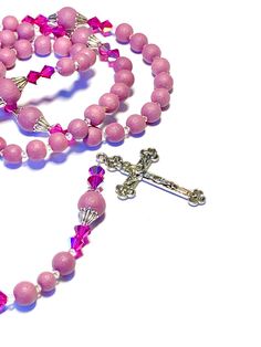 Personalized Pink Rosary Swarovski Crystals Easter Rosary - Etsy Spiritual Pink Jewelry For Birthday, Spiritual Rosary As Valentine's Day Gift, Pink Rosary, Crystals Purple, Custom Rosary, First Communion Gifts, Catholic Rosary, Purple Necklace, Spring Jewelry