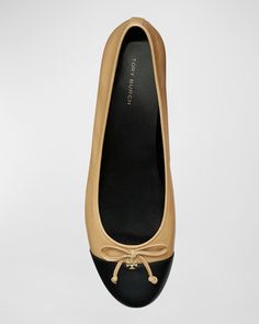 Tory Burch Bicolor Cap-Toe Ballerina Flats Golden Logo, Free Tote, Versace Outfit, Trending Handbag, Ballerina Flats, Tory Burch Shoes, Ulla Johnson, Manolo Blahnik, Trending Shoes