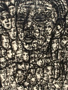 black and white drawing of many faces