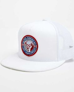 White Flat Bill Trucker Hat For Baseball Season, White Trucker Baseball Cap With Logo Patch, Breathable White Trucker Hat, White Trucker Hat With Logo Patch, White Breathable Baseball Cap For Sports Events, White Breathable Flat Bill Baseball Cap, White Trucker Hat With Logo Patch For Baseball Season, White Trucker Baseball Cap For Baseball Season, White Breathable Trucker Hat For Sports