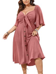 PRICES MAY VARY. Material: This plus size summer dresses is made in lightweight and skin-touch, soft and flowy texture fabric. It's a great choice to be one of your summer dress collection Design: This plus size dresses for curvy women is in tie front deep v neck design, which's good for shaping your figure and showing a deep v-neckline in a charming look, the short bell sleeve is perfect to embellish your arm, back smocked dress is comfortable to fit your curves, and the button down decorates t Plus Size Summer Dresses Casual, Plus Size Wedding Guest Dress, Plus Size Sundress, Plus Size Summer Dress, Summer Dress Casual, Casual Dresses Plus Size, Dark Green Dress, Plus Size Summer Dresses, Midi Dress Plus Size