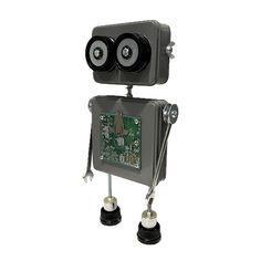 a robot with two speakers on it's head is standing in front of a white background