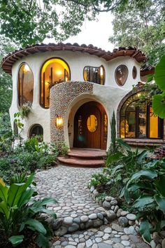 a house that is in the middle of some plants and rocks with windows on each side