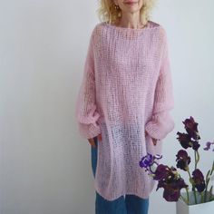 Hello, I'm the one, who won't let you down - pink mohair tunic. I will comfort you, keep you warm and will make you smile. I'm 100% hand made and proud of that. I consist of 70% italian kid mohair and 30% of nylon, which makes me incredibly natural. I'm quite unique as could be worn all year long.I'm in one size and one size fits all because my measurements are :❤️   Width -57-58 cm❤️   Lengths -88-89 cmIf you would like me in other size, you could request a custom order with your own parameters Long Pink Sweater For Spring, Pink Long Sweater For Spring, Oversized Long Pink Sweater, Pink Mohair Sweater For Spring, Oversized Hand-knitted Pink Sweater, Big Sweater, Women Tunic, Womens Pullover Sweaters, Big Sweaters