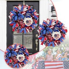 two patriotic wreaths on the front door of a house with an american flag theme