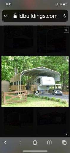 a mobile home is shown in the dark with trees and grass behind it, as well as an image of a car