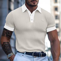 Season:Summer,Spring; Fabric:95% Polyester 5% Spandex; Sleeve Length:Short Sleeve; Gender:Men's; Style:Fashion; Elasticity:Micro-elastic; Tops Type:Golf Shirt,Knit Polo; Occasion:Business,Casual; Details:Only tops; Fit Type:Regular Fit; Pattern:Color Block; Design:Knitted,Button; Neckline:Classic; Brand:OUKU; Listing Date:04/15/2024; Quantity:1pc Spring Casual Fitted Polo Sweater, Casual V-neck Polo Sweater For Summer, White Ribbed Polo Collar Top, White Ribbed Top With Polo Collar, White Buttoned Polo Shirt For Summer, Summer Ribbed Polo Collar Top, White Casual Polo Sweater With Seamless Collar, Casual White Stretch Polo Shirt, Fitted V-neck Polo Shirt For Summer