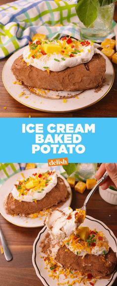 an ice cream baked potato cake on a plate