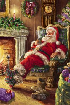 a cross stitch santa claus sitting in a chair next to a fireplace