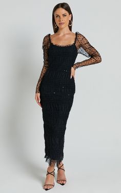 Evelyn Midi Dress - Long Sleeve Shirred Tulle Dress in Black Polka Fitted Midi Dress For Fall Prom, Fall Prom Midi Dress Fitted, Fitted Fall Midi Dress For Prom, Elegant Polka Dot Midi Dress For Evening, Black Ruched Dress For Prom Season, Chic Evening Dresses In Polka Dot, Chic Polka Dot Evening Dress, Polka Dot Midi-length Evening Dress, Polka Dot Midi Length Evening Dress