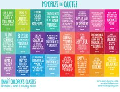 a colorful poster with the words memoryize the quotes in different colors and font on it