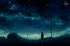 a person looking at the stars in the night sky with a radio antenna on it