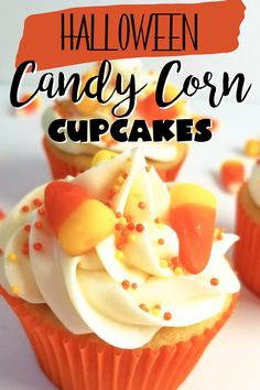 halloween candy corn cupcakes with white frosting and orange sprinkles