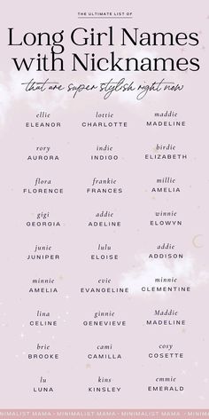 the long girl names with nickannes are in pink and white, against a cloudy background