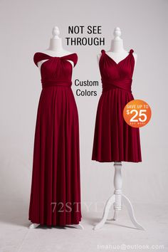 two dresses on mannequins, one in red and the other in maroon