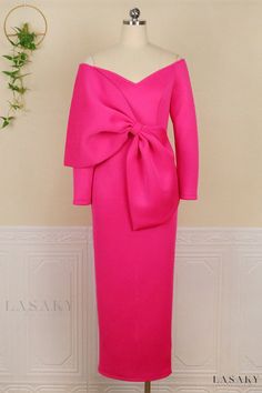 Lasaky - Refined Solid Patchwork Evening Dress with V-Neck and Bow in Rose Red Hue Elegant Maternity Dresses, Helena Dress, Monaco Dress, Off Shoulder Long Dress, Slim Bodycon Dress, Plus Size Party Dresses, Bare Shoulders, Bodycon Dress Parties, Straight Dress