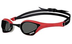 a pair of swimming goggles with red frames and black straps on the side, against a white background