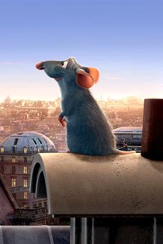 a cartoon mouse sitting on top of a roof in front of a cityscape