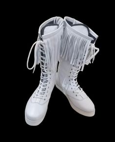 Welcome to Ricofill, where we specialize in crafting handmade pro wrestling long boots. Our Leather  Fringes  lace-up style boots are meticulously crafted from 100% original leather, ensuring durability and authenticity. Featuring a soft sole made of EVA material, our boots offer superior shock absorption, making them ideal for wrestlers who demand the best in comfort and performance. Each pair of boots is made to order, allowing for customized sizing and design options to suit your individual n Shoes Boots Combat, Wrestling Boots, Style Boots, Mens Shoes Boots, Long Boots, Leather Fringe, Pro Wrestling, Short Boots, Work Boots