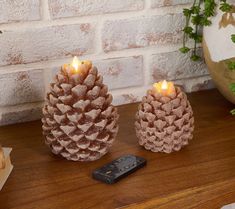 two pine cone candles sitting on top of a table next to a remote control and potted plant